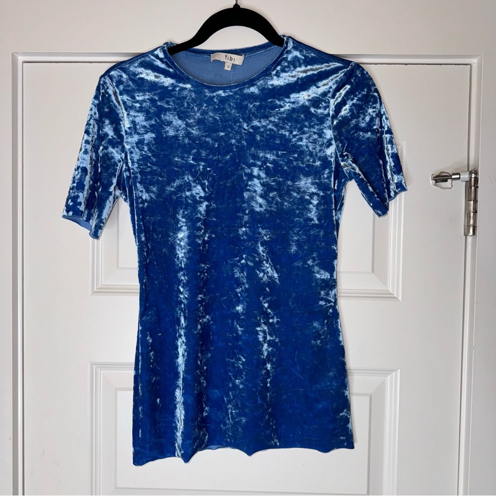 Tibi Baby Blue Crushed Velvet Stretch T-Shirt